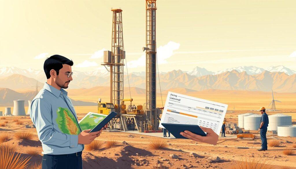 A detailed illustration depicting the costs associated with drilling in geothermal energy. In the foreground, a professional engineer in business attire analyzes drilling data on a digital tablet, surrounded by geological maps and cost assessment charts. The middle ground features a geothermal drilling rig, showcasing modern technology and tools, with workers in hard hats engaged in the drilling process. In the background, a landscape of geothermal plants and expansive mountain ranges symbolizes the energy source. The scene is bathed in warm, natural lighting suggesting an optimistic atmosphere, captured from a slightly elevated angle to highlight the interconnectedness of technology and nature, while the smooth focus reflects a sense of productivity and advancement in geothermal energy systems.