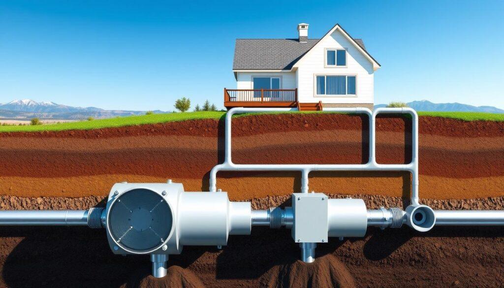 A detailed illustration of a closed loop geothermal system, featuring borehole heat exchangers embedded in the ground, with pipes snaking around and connecting to a well-maintained house above. In the foreground, emphasize the sleek design of the heat exchanger units, showcasing their technical features. In the middle ground, visualize the layers of earth, rocks, and soil that surround the boreholes, illustrating the thermal exchange process. The background should depict a serene landscape with a clear blue sky and distant mountains, conveying a sense of efficiency and sustainability. The lighting should be bright and natural, suggesting a sunny day, with a slight shadow cast from the house onto the ground. The overall mood is innovative and eco-friendly, highlighting the potential of geothermal technology.
