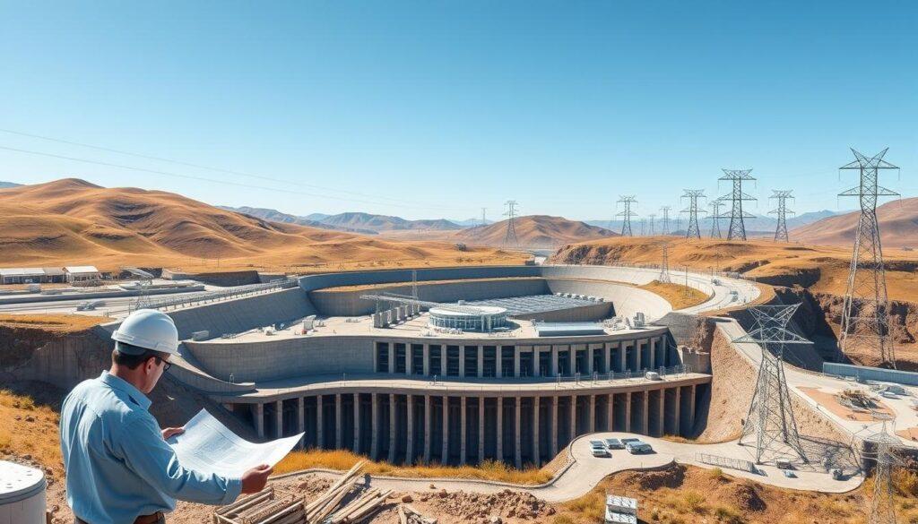 A detailed illustration of a pumped hydro storage system, showcasing the capital stack and interconnection. In the foreground, engineers in professional attire analyze blueprints and digital models, surrounded by construction materials. The middle layer features a large, beautifully rendered pumped hydro facility with expansive reservoirs, turbines, and power lines, set against a backdrop of rolling hills and a clear blue sky. The background depicts power transmission upgrades, with newly built pylons stretching into the distance. The lighting is bright and natural, simulating a sunny day, enhancing the sense of innovation and progress. A slight aerial viewpoint captures the complexity of the system, emphasizing its integration into the landscape. The overall atmosphere is one of optimism and technological advancement, reflecting the significance of pumped hydro in modern energy solutions. A detailed illustration of a pumped hydro storage system, showcasing the capital stack and interconnection. In the foreground, engineers in professional attire analyze blueprints and digital models, surrounded by construction materials. The middle layer features a large, beautifully rendered pumped hydro facility with expansive reservoirs, turbines, and power lines, set against a backdrop of rolling hills and a clear blue sky. The background depicts power transmission upgrades, with newly built pylons stretching into the distance. The lighting is bright and natural, simulating a sunny day, enhancing the sense of innovation and progress. A slight aerial viewpoint captures the complexity of the system, emphasizing its integration into the landscape. The overall atmosphere is one of optimism and technological advancement, reflecting the significance of pumped hydro in modern energy solutions.