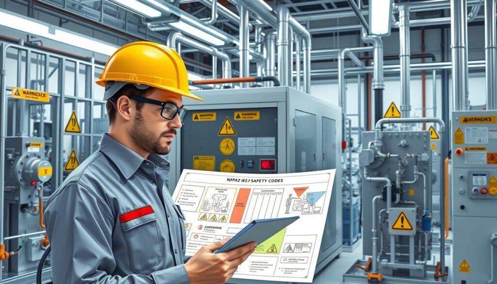 A detailed illustration of an alkaline electrolyzer safety codes environment, focusing on NFPA2 regulations. In the foreground, a professional man in a hard hat and safety glasses examines a complex diagram of safety codes related to hazardous venting areas, holding a clipboard. The middle ground features a modern electrolyzer setup with clear labeling of safety zones and venting equipment, showcasing intricate piping and control panels. The background displays a clean, high-tech facility with safety signs and warning labels illuminated by bright LED lighting, creating a serious and informed atmosphere. Use a slight angle to capture depth, ensuring clarity of technical details, emphasizing the importance of safety in green hydrogen production.