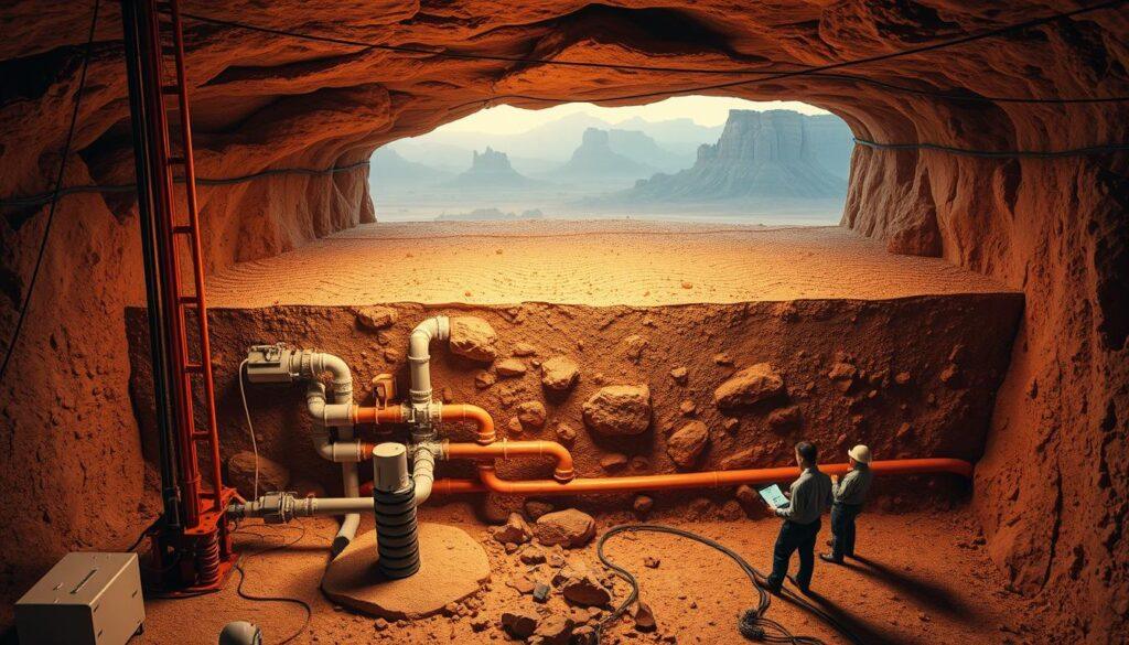 A detailed visualization of an enhanced geothermal system in an underground environment, showcasing a cross-section of the Earth's crust. In the foreground, sophisticated drilling equipment and sensors are actively monitoring temperature gradients and rock permeability, with engineers in professional attire examining data on tablets. The middle ground features a network of insulated pipes circulating heated fluid, surrounded by rocks displaying varying textures and colors, illustrating the complexity of subsurface geology. The background depicts distant geological formations, with subtle seismic waves represented as gentle ripples in the rock layers to emphasize stress and induced seismicity management. The scene is bathed in warm, diffused lighting to create a sense of innovation and technological advancement, viewed from a slightly elevated angle, capturing the intricate interaction of technology and geology.