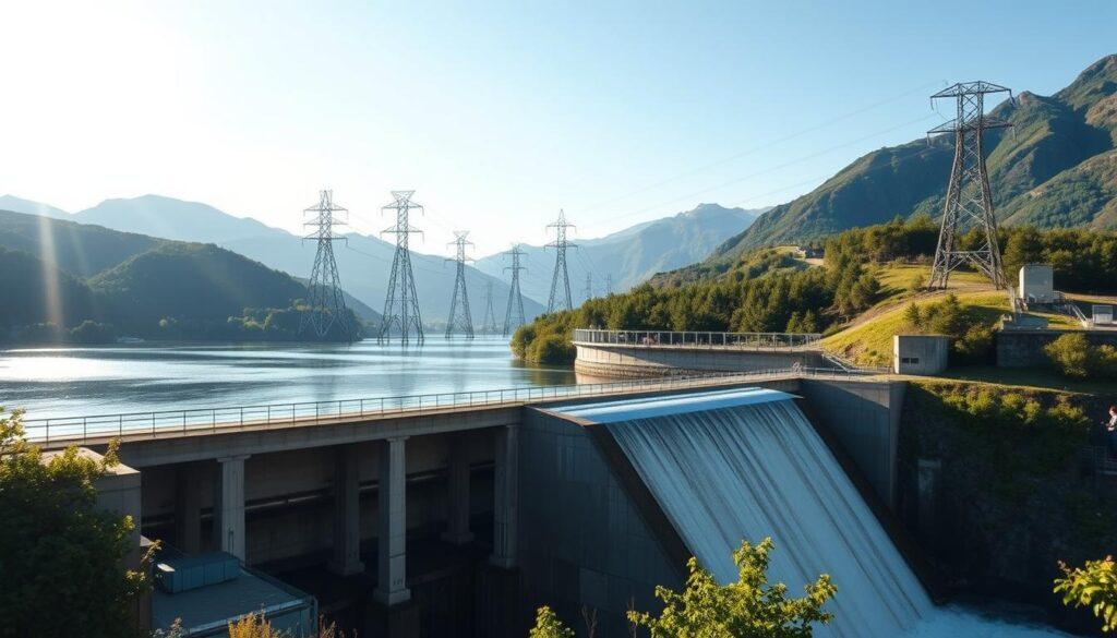 A dynamic energy landscape showcasing a pumped hydro storage facility. In the foreground, a modern dam with water cascading down into a reservoir, surrounded by lush greenery. In the middle ground, tall power transmission lines stretch towards the horizon, symbolizing connectivity to the energy grid. The background features mountains under a clear blue sky, with soft sunlight illuminating the scene, creating a vibrant and hopeful atmosphere. Utilize a wide-angle lens perspective to capture the scale of the installation. The mood should convey innovation and sustainability, with professionals in business attire discussing strategies near the dam, showcasing the integration of technology in energy management without any distracting elements. A dynamic energy landscape showcasing a pumped hydro storage facility. In the foreground, a modern dam with water cascading down into a reservoir, surrounded by lush greenery. In the middle ground, tall power transmission lines stretch towards the horizon, symbolizing connectivity to the energy grid. The background features mountains under a clear blue sky, with soft sunlight illuminating the scene, creating a vibrant and hopeful atmosphere. Utilize a wide-angle lens perspective to capture the scale of the installation. The mood should convey innovation and sustainability, with professionals in business attire discussing strategies near the dam, showcasing the integration of technology in energy management without any distracting elements.