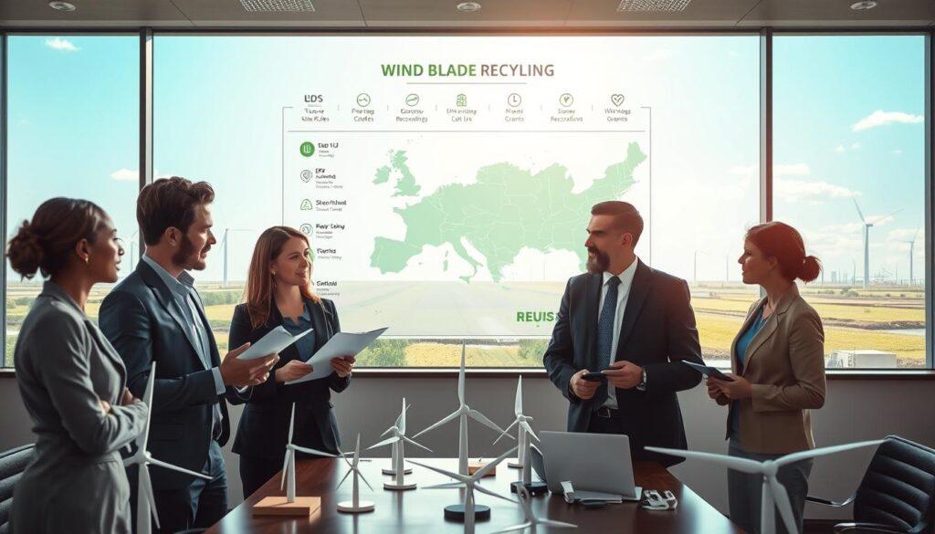 A dynamic scene depicting the momentum of wind blade recycling policies, showcasing a modern office with professionals discussing strategies. In the foreground, two diverse figures in professional attire are engaged in conversation, examining documents and models of wind turbines. In the middle ground, a large wall display features a map of the EU and US with various icons representing state rules, EPR credits, and grants. The background reveals a sunny window with a view of wind farms and recycling facilities, conveying a sense of progress. Use bright, natural lighting to emphasize the optimism of the scene, captured with a wide-angle lens to enhance depth. The overall mood is collaborative and forward-thinking, reflecting innovation in sustainability.