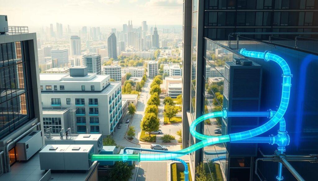 A futuristic urban scene illustrating ambient temperature loops in a district geothermal heat pump network. In the foreground, showcase modern building-side heat pumps integrated into sleek residential and commercial architecture. The middle section features visible water piping systems interconnecting buildings, with ambient temperature loops depicted as flowing, illuminated blue and green lines to symbolize energy transfer. The background displays a bustling cityscape with green spaces and trees, suggesting a commitment to sustainability. Use soft, natural lighting to create a calm and inviting atmosphere, with a slightly elevated perspective to capture the network's layout. Emphasize a clean, professional look throughout with no people present. A futuristic urban scene illustrating ambient temperature loops in a district geothermal heat pump network. In the foreground, showcase modern building-side heat pumps integrated into sleek residential and commercial architecture. The middle section features visible water piping systems interconnecting buildings, with ambient temperature loops depicted as flowing, illuminated blue and green lines to symbolize energy transfer. The background displays a bustling cityscape with green spaces and trees, suggesting a commitment to sustainability. Use soft, natural lighting to create a calm and inviting atmosphere, with a slightly elevated perspective to capture the network's layout. Emphasize a clean, professional look throughout with no people present.
