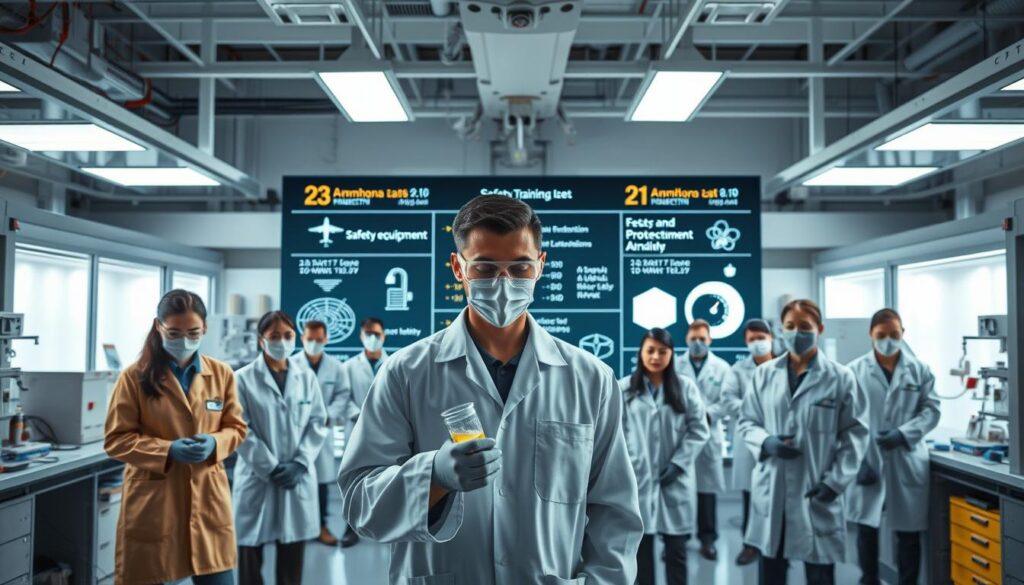 A high-tech laboratory setting highlighting the safety measures for power-to-X e-fuels, specifically ammonia and methanol. In the foreground, display a diverse team of professionals in lab coats and safety goggles, actively conducting tests with ammonia and methanol samples, emphasizing their commitment to safety. In the middle ground, a detailed safety training module outlines protective equipment and detection systems, with digital screens showcasing real-time data on toxicity and flammability. The background features modern lab equipment bathed in bright, cool lighting, creating a clinical yet reassuring atmosphere. Use a wide-angle lens to capture the collaborative environment, evoking a sense of urgency and diligence in addressing safety protocols within aviation and industry. A high-tech laboratory setting highlighting the safety measures for power-to-X e-fuels, specifically ammonia and methanol. In the foreground, display a diverse team of professionals in lab coats and safety goggles, actively conducting tests with ammonia and methanol samples, emphasizing their commitment to safety. In the middle ground, a detailed safety training module outlines protective equipment and detection systems, with digital screens showcasing real-time data on toxicity and flammability. The background features modern lab equipment bathed in bright, cool lighting, creating a clinical yet reassuring atmosphere. Use a wide-angle lens to capture the collaborative environment, evoking a sense of urgency and diligence in addressing safety protocols within aviation and industry.