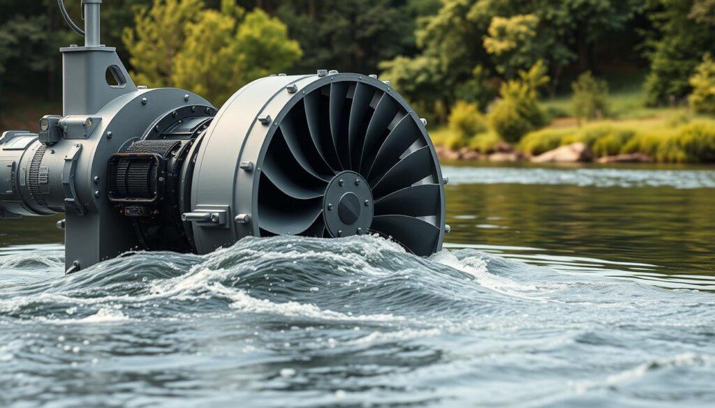 A modern Kaplan turbine designed for hydroelectric power, showcasing innovative fish-friendly blades that elegantly curve to minimize harm to aquatic life. In the foreground, detailed close-up views of the turbine's advanced control systems and CFD design elements, highlighting the sleek, aerodynamic features. The middle ground features a dynamic flow of water interacting with the turbine, emphasizing its efficiency and environmental considerations. In the background, a serene river setting surrounded by lush greenery, under soft, natural lighting that casts gentle reflections on the water's surface. Capture the scene from a slightly elevated angle to provide a comprehensive perspective, evoking a sense of technological advancement harmonizing with nature. The atmosphere should be calm and inspiring, reflecting the breakthrough innovations in sustainable energy. A modern Kaplan turbine designed for hydroelectric power, showcasing innovative fish-friendly blades that elegantly curve to minimize harm to aquatic life. In the foreground, detailed close-up views of the turbine's advanced control systems and CFD design elements, highlighting the sleek, aerodynamic features. The middle ground features a dynamic flow of water interacting with the turbine, emphasizing its efficiency and environmental considerations. In the background, a serene river setting surrounded by lush greenery, under soft, natural lighting that casts gentle reflections on the water's surface. Capture the scene from a slightly elevated angle to provide a comprehensive perspective, evoking a sense of technological advancement harmonizing with nature. The atmosphere should be calm and inspiring, reflecting the breakthrough innovations in sustainable energy.