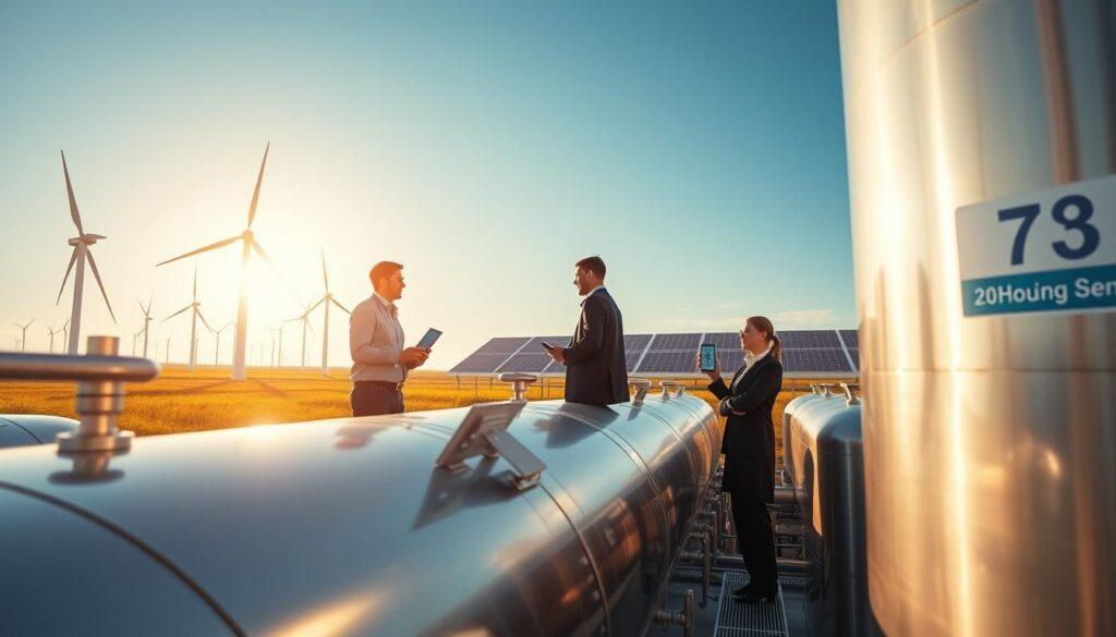 A modern hydrogen storage facility depicted in the foreground, showcasing advanced cylindrical storage tanks made of sleek stainless steel, reflecting the sunlight. In the middle ground, technicians in professional business attire examine digital interface screens displaying metrics such as pressure, temperature, and performance data. The background features a wind farm and solar panels under a bright blue sky, symbolizing renewable energy sources. The scene is illuminated by warm, natural lighting, creating a hopeful and innovative atmosphere. A low-angle perspective emphasizes the scale of the facility, showcasing its importance in sustainable energy solutions. A modern hydrogen storage facility depicted in the foreground, showcasing advanced cylindrical storage tanks made of sleek stainless steel, reflecting the sunlight. In the middle ground, technicians in professional business attire examine digital interface screens displaying metrics such as pressure, temperature, and performance data. The background features a wind farm and solar panels under a bright blue sky, symbolizing renewable energy sources. The scene is illuminated by warm, natural lighting, creating a hopeful and innovative atmosphere. A low-angle perspective emphasizes the scale of the facility, showcasing its importance in sustainable energy solutions.