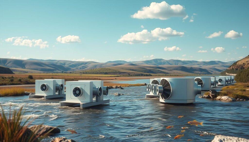 A modern modular hydroelectric power installation, featuring standardized units designed for quick installation in small grid connections. In the foreground, focus on sleek, innovative turbine units crafted from eco-friendly materials, with a clear design that promotes fish-friendly operations. In the middle ground, diverse landscapes with gentle flowing rivers and small fish swimming nearby, emphasizing the environmental harmony. The background shows a distant view of rolling hills under a bright blue sky with a few fluffy clouds, highlighting a peaceful atmosphere. Soft, natural lighting casts gentle shadows, and the angle is slightly elevated, capturing the integration of technology and nature. The overall mood is optimistic and forward-thinking, reflecting the future of sustainable energy. A modern modular hydroelectric power installation, featuring standardized units designed for quick installation in small grid connections. In the foreground, focus on sleek, innovative turbine units crafted from eco-friendly materials, with a clear design that promotes fish-friendly operations. In the middle ground, diverse landscapes with gentle flowing rivers and small fish swimming nearby, emphasizing the environmental harmony. The background shows a distant view of rolling hills under a bright blue sky with a few fluffy clouds, highlighting a peaceful atmosphere. Soft, natural lighting casts gentle shadows, and the angle is slightly elevated, capturing the integration of technology and nature. The overall mood is optimistic and forward-thinking, reflecting the future of sustainable energy.