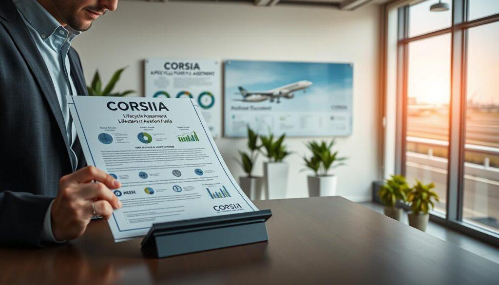 A modern office setting showcasing a detailed CORSIA certification document prominently displayed on a desk. In the foreground, a professional wearing business attire examines a digital tablet with data visualizations related to lifecycle assessment of aviation fuels. In the middle, a large poster on the wall features visual graphs depicting the rules and systems of CORSIA, reflecting the principles of environmental sustainability. The background reveals a bright and airy office space with green plants and a large window offering a panoramic view of the airport runway, with an airplane taking off. Soft, natural lighting illuminates the scene, creating a sense of professionalism and optimism about the future of aviation fuels. The atmosphere is focused and innovative, emphasizing the importance of certifications and assessments in aviation. A modern office setting showcasing a detailed CORSIA certification document prominently displayed on a desk. In the foreground, a professional wearing business attire examines a digital tablet with data visualizations related to lifecycle assessment of aviation fuels. In the middle, a large poster on the wall features visual graphs depicting the rules and systems of CORSIA, reflecting the principles of environmental sustainability. The background reveals a bright and airy office space with green plants and a large window offering a panoramic view of the airport runway, with an airplane taking off. Soft, natural lighting illuminates the scene, creating a sense of professionalism and optimism about the future of aviation fuels. The atmosphere is focused and innovative, emphasizing the importance of certifications and assessments in aviation.
