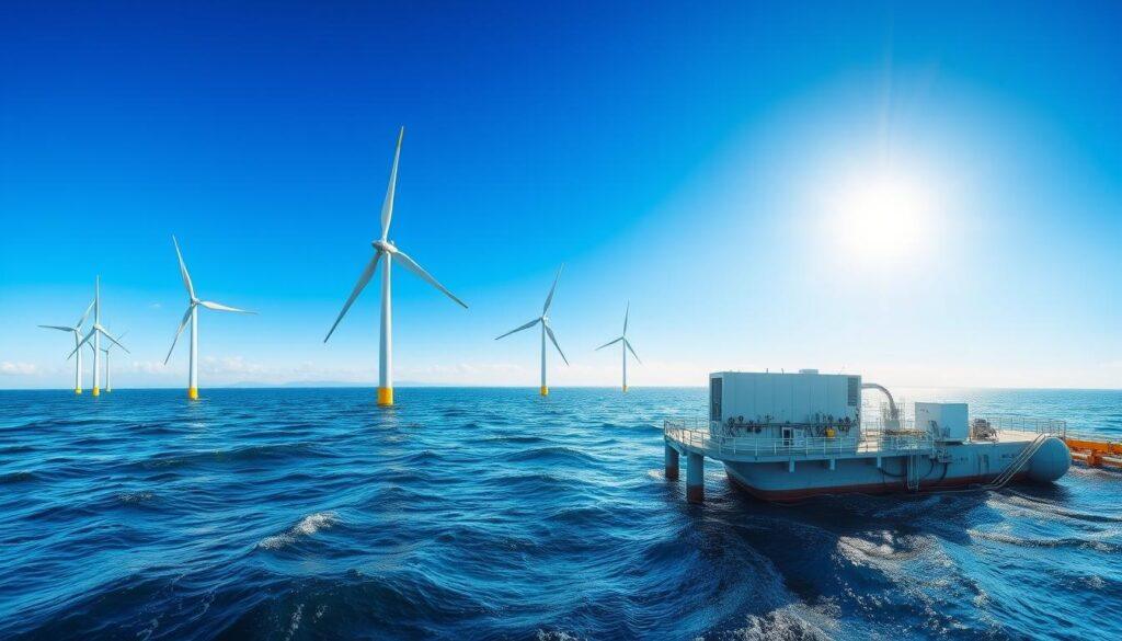A panoramic view of a modern offshore wind farm in deep blue waters, showcasing several large, futuristic wind turbines with massive blades turning gracefully against a bright, clear sky. In the foreground, a sleek HVDC converter station stands on a nearby platform, with technical details visible, like cables and control panels. The middle ground features gently rolling waves, reflecting sunlight, while the background showcases a distant landmass, hinting at the onshore integration. Use soft, diffused lighting to enhance the serene yet powerful atmosphere. Capture the image from a slight aerial perspective, emphasizing the scale of the turbines and the intricate technology of the converter station, invoking a sense of innovation and sustainability. A panoramic view of a modern offshore wind farm in deep blue waters, showcasing several large, futuristic wind turbines with massive blades turning gracefully against a bright, clear sky. In the foreground, a sleek HVDC converter station stands on a nearby platform, with technical details visible, like cables and control panels. The middle ground features gently rolling waves, reflecting sunlight, while the background showcases a distant landmass, hinting at the onshore integration. Use soft, diffused lighting to enhance the serene yet powerful atmosphere. Capture the image from a slight aerial perspective, emphasizing the scale of the turbines and the intricate technology of the converter station, invoking a sense of innovation and sustainability.