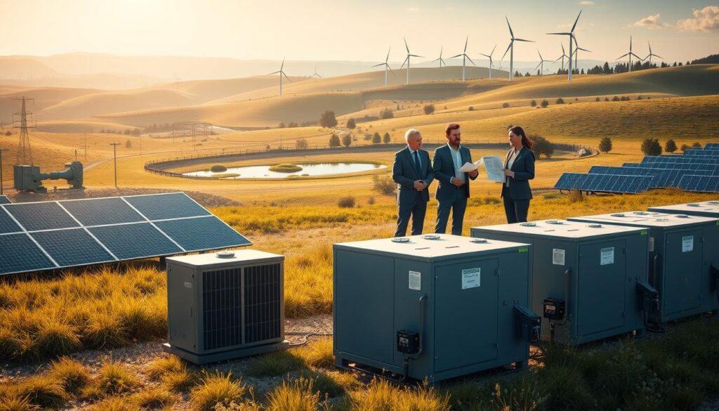 A serene landscape depicting flow batteries in the foreground, showcasing large, modern battery units connected to solar panels and wind turbines. In the middle ground, include regulatory officials in professional business attire discussing siting and permitting challenges, holding blueprints and safety plans. The background features a rolling landscape with utility poles, water sources like a small pond, and surrounding greenery to represent environmental concerns. Soft, natural lighting with a warm glow enhances the scene, creating a calm yet industrious atmosphere. Capture the complexities of land use, water management, and community engagement in a balanced and inviting manner, emphasizing the importance of renewable energy infrastructure. A serene landscape depicting flow batteries in the foreground, showcasing large, modern battery units connected to solar panels and wind turbines. In the middle ground, include regulatory officials in professional business attire discussing siting and permitting challenges, holding blueprints and safety plans. The background features a rolling landscape with utility poles, water sources like a small pond, and surrounding greenery to represent environmental concerns. Soft, natural lighting with a warm glow enhances the scene, creating a calm yet industrious atmosphere. Capture the complexities of land use, water management, and community engagement in a balanced and inviting manner, emphasizing the importance of renewable energy infrastructure.