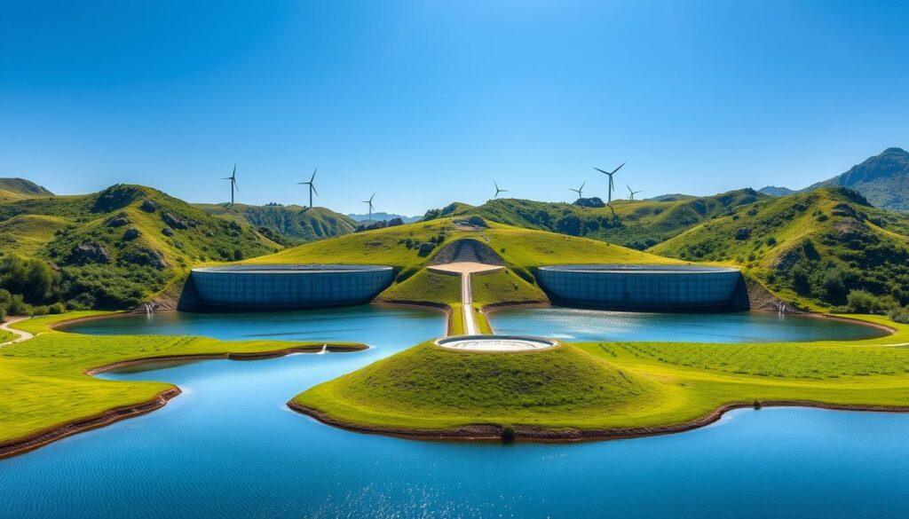 A serene landscape showcasing a closed loop pumped hydro storage system, highlighted in the foreground by two large, symmetrical reservoirs interconnected by a gentle flowing pipe. The reservoirs are surrounded by lush greenery, with rocky hills in the background under a clear blue sky. In the middle ground, a well-maintained earth berm gently slopes up to the edges of the reservoirs, emphasizing sustainability. Sunlight glints off the water's surface, creating a calm and reflective mood. A few small, non-intrusive wind turbines can be seen on the distant hills, indicating eco-friendly energy integration. The scene is captured from a slightly elevated angle, providing a comprehensive view of the hydro system while maintaining a sense of harmony with nature. The overall atmosphere conveys innovation and quiet efficiency in renewable energy. A serene landscape showcasing a closed loop pumped hydro storage system, highlighted in the foreground by two large, symmetrical reservoirs interconnected by a gentle flowing pipe. The reservoirs are surrounded by lush greenery, with rocky hills in the background under a clear blue sky. In the middle ground, a well-maintained earth berm gently slopes up to the edges of the reservoirs, emphasizing sustainability. Sunlight glints off the water's surface, creating a calm and reflective mood. A few small, non-intrusive wind turbines can be seen on the distant hills, indicating eco-friendly energy integration. The scene is captured from a slightly elevated angle, providing a comprehensive view of the hydro system while maintaining a sense of harmony with nature. The overall atmosphere conveys innovation and quiet efficiency in renewable energy.