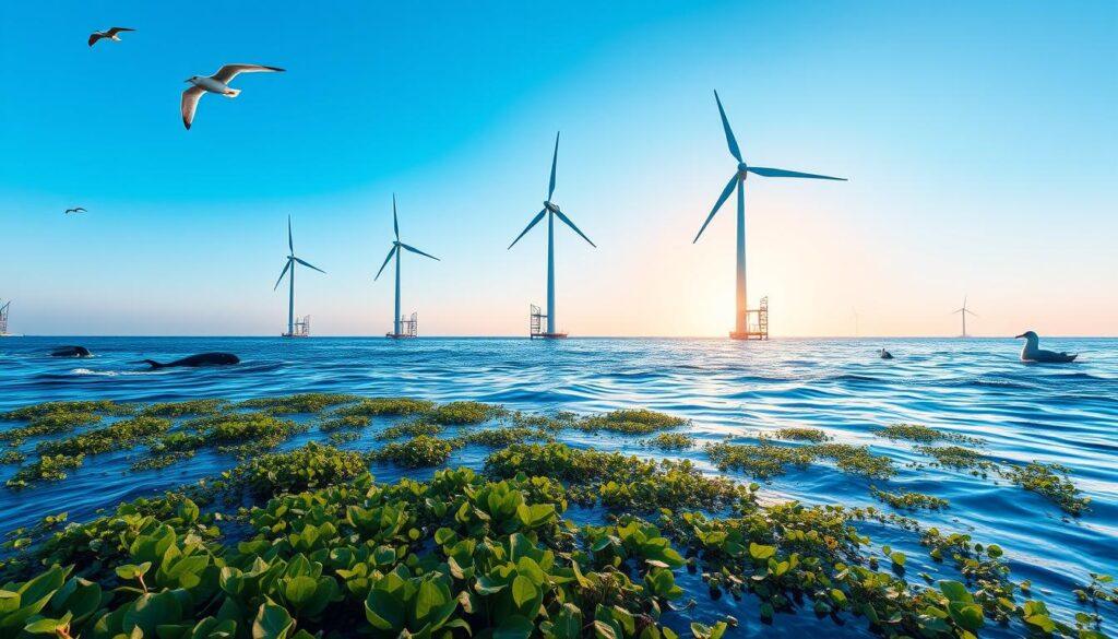 A serene offshore scene featuring floating wind turbines gracefully positioned in deeper waters. In the foreground, lush marine vegetation gently sways beneath the surface, while in the middle ground, the towering wind turbines stand majestically against a clear blue sky, showcasing their large, aerodynamic blades turning slowly in a light breeze. Observing this ecological landscape, a group of seabirds glides overhead, and a few marine mammals can be seen near the water's surface, highlighting the coexistence of wildlife and renewable energy. The background features distant, tranquil waves and a soft sunset glowing behind the turbines, casting warm reflections on the water. Capture this scene with a wide-angle view, emphasizing the harmony of technology and nature, while ensuring a peaceful and hopeful atmosphere. A serene offshore scene featuring floating wind turbines gracefully positioned in deeper waters. In the foreground, lush marine vegetation gently sways beneath the surface, while in the middle ground, the towering wind turbines stand majestically against a clear blue sky, showcasing their large, aerodynamic blades turning slowly in a light breeze. Observing this ecological landscape, a group of seabirds glides overhead, and a few marine mammals can be seen near the water's surface, highlighting the coexistence of wildlife and renewable energy. The background features distant, tranquil waves and a soft sunset glowing behind the turbines, casting warm reflections on the water. Capture this scene with a wide-angle view, emphasizing the harmony of technology and nature, while ensuring a peaceful and hopeful atmosphere.