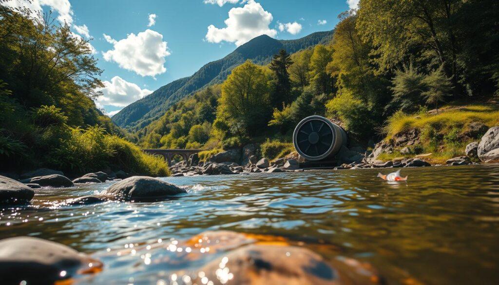 A serene run-of-river hydroelectric site nestled in a lush green valley. In the foreground, gentle river currents flow past smooth stones, while small fish swim freely, highlighting the environmentally friendly nature of the technology. The middle ground features a modern, fish-friendly turbine integrated seamlessly into the natural landscape, designed to minimize ecological impact. Surrounding the turbine, diverse plant life flourishes, emphasizing the harmony between technology and nature. In the background, majestic hills rise beneath a bright blue sky, dotted with fluffy white clouds, casting soft shadows over the scene. Warm, golden sunlight filters through the trees, creating a tranquil and inviting atmosphere, reflecting community benefits and recreational opportunities. The perspective is at water level, capturing the intricate details of the river and turbine, inviting the viewer to appreciate the innovation and collaboration with indigenous communities. A serene run-of-river hydroelectric site nestled in a lush green valley. In the foreground, gentle river currents flow past smooth stones, while small fish swim freely, highlighting the environmentally friendly nature of the technology. The middle ground features a modern, fish-friendly turbine integrated seamlessly into the natural landscape, designed to minimize ecological impact. Surrounding the turbine, diverse plant life flourishes, emphasizing the harmony between technology and nature. In the background, majestic hills rise beneath a bright blue sky, dotted with fluffy white clouds, casting soft shadows over the scene. Warm, golden sunlight filters through the trees, creating a tranquil and inviting atmosphere, reflecting community benefits and recreational opportunities. The perspective is at water level, capturing the intricate details of the river and turbine, inviting the viewer to appreciate the innovation and collaboration with indigenous communities.