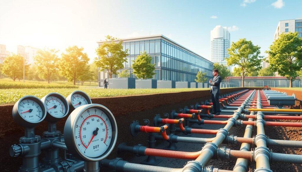 A stylized illustration of ambient temperature loops in a district geothermal heat pump system, showcasing a complex network of pipes and sensors integrated into a sustainable building environment. In the foreground, detailed temperature gauges and flow meters measure energy efficiency, surrounded by professional technicians in business attire observing the data. The middle ground features a modern building with large windows, emphasizing energy-conscious design, while rows of geothermal heat pumps are depicted, interconnected by loops of colorful piping. The background showcases an urban landscape with trees, reinforcing a green, eco-friendly atmosphere. Soft, natural lighting radiates, creating a calm and innovative mood that highlights the importance of energy management and demand response in decarbonizing buildings. Use a wide-angle perspective to capture the full system in action. A stylized illustration of ambient temperature loops in a district geothermal heat pump system, showcasing a complex network of pipes and sensors integrated into a sustainable building environment. In the foreground, detailed temperature gauges and flow meters measure energy efficiency, surrounded by professional technicians in business attire observing the data. The middle ground features a modern building with large windows, emphasizing energy-conscious design, while rows of geothermal heat pumps are depicted, interconnected by loops of colorful piping. The background showcases an urban landscape with trees, reinforcing a green, eco-friendly atmosphere. Soft, natural lighting radiates, creating a calm and innovative mood that highlights the importance of energy management and demand response in decarbonizing buildings. Use a wide-angle perspective to capture the full system in action.