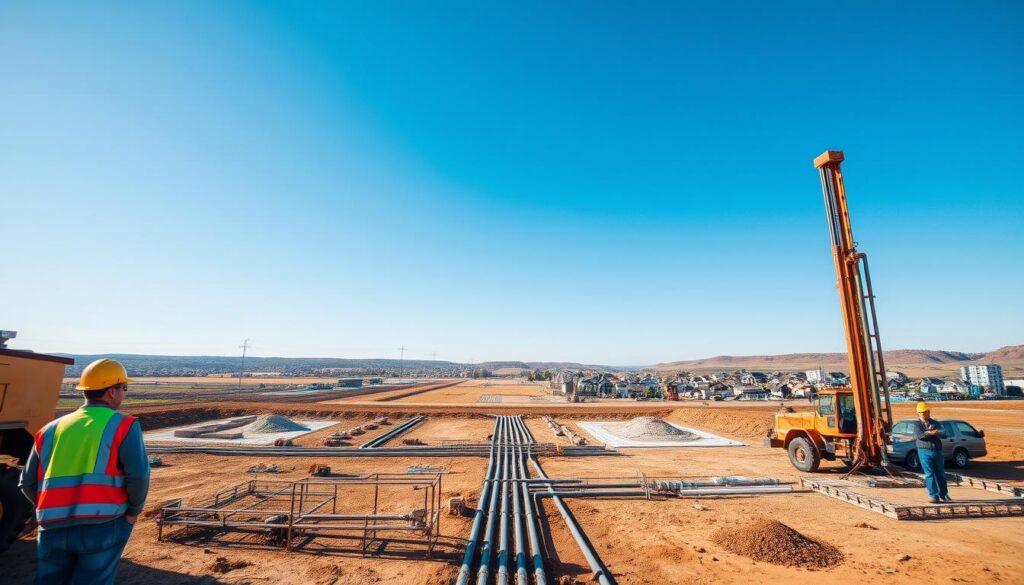 A vast borefield under a clear blue sky, where multiple geothermal wells are being drilled into the earth, revealing heavy machinery and equipment in the foreground. Workers in professional safety gear, wearing hard hats and reflective vests, are monitoring the drilling process, showcasing a commitment to safety. The middle ground features a network of interconnected pipes and spoils from drilling piles, indicating ongoing construction. In the background, a serene landscape of residential buildings demonstrates the potential impact of geothermal energy on community heating solutions. Soft natural lighting casts gentle shadows, embodying a mood of industrious progress and environmental stewardship. The viewpoint is slightly high, emphasizing both the scale of the borefield and its integration into the wider community. A vast borefield under a clear blue sky, where multiple geothermal wells are being drilled into the earth, revealing heavy machinery and equipment in the foreground. Workers in professional safety gear, wearing hard hats and reflective vests, are monitoring the drilling process, showcasing a commitment to safety. The middle ground features a network of interconnected pipes and spoils from drilling piles, indicating ongoing construction. In the background, a serene landscape of residential buildings demonstrates the potential impact of geothermal energy on community heating solutions. Soft natural lighting casts gentle shadows, embodying a mood of industrious progress and environmental stewardship. The viewpoint is slightly high, emphasizing both the scale of the borefield and its integration into the wider community.