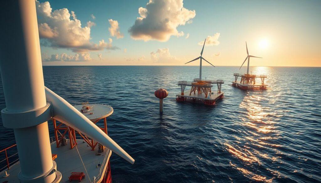 A vibrant and detailed scene depicting several floating platforms designed for offshore wind turbines, showcasing a variety of mooring types including spar, semi-submersible, tension-leg platform (TLP) moorings, and their associated dynamic cables and anchors. In the foreground, focus on the intricate details of a semi-submersible platform, with large, sleek wind turbine blades attached, catching the sunlight. The middle ground features a spar buoy anchored to the seabed, with dynamic cables extending down into the deep blue water. The background displays a serene ocean horizon under a clear sky, with light clouds reflecting the golden hues of a setting sun, creating a calm and innovative atmosphere. The image should have an aerial perspective to capture the scale and complexity of these floating platforms, emphasizing their engineering marvel in deep waters. A vibrant and detailed scene depicting several floating platforms designed for offshore wind turbines, showcasing a variety of mooring types including spar, semi-submersible, tension-leg platform (TLP) moorings, and their associated dynamic cables and anchors. In the foreground, focus on the intricate details of a semi-submersible platform, with large, sleek wind turbine blades attached, catching the sunlight. The middle ground features a spar buoy anchored to the seabed, with dynamic cables extending down into the deep blue water. The background displays a serene ocean horizon under a clear sky, with light clouds reflecting the golden hues of a setting sun, creating a calm and innovative atmosphere. The image should have an aerial perspective to capture the scale and complexity of these floating platforms, emphasizing their engineering marvel in deep waters.