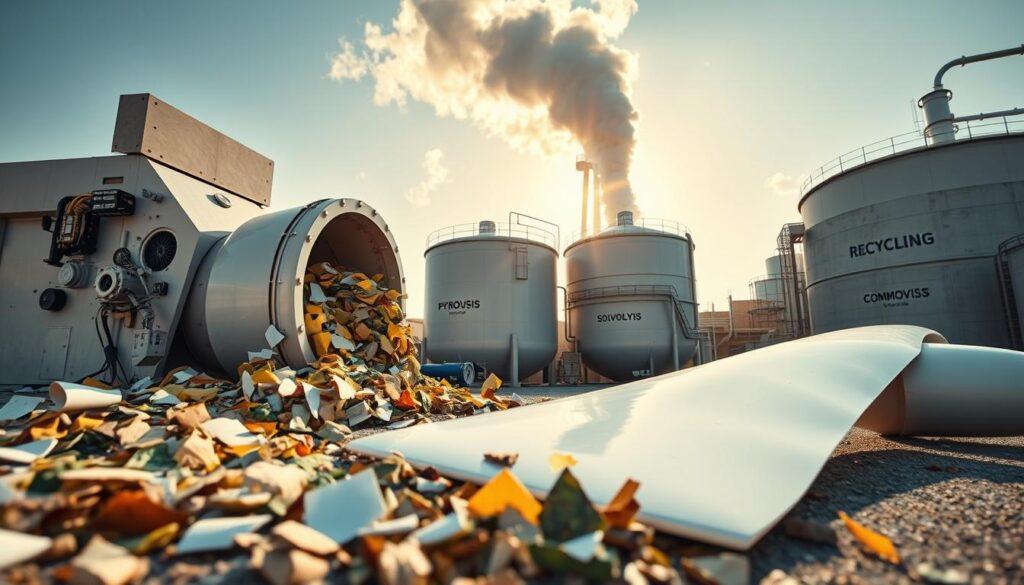 A vibrant, visually striking image depicting composite recycling methods for wind turbine blades. In the foreground, showcase a mechanical shredder tearing apart a wind turbine blade, with shards of composite materials scattered around. The middle ground features various containers and tanks labeled for pyrolysis and solvolysis processes, emphasizing the complexity of recycling techniques. In the background, a modern cement kiln emits steam, symbolizing co-processing. Use warm, natural lighting to create an optimistic atmosphere, highlighting the sustainable approach to recycling. Capture the scene from a low angle for a dramatic perspective, with a slight tilt to add dynamic energy. Ensure the scene is free of any text or watermarks, focusing solely on the recycling processes and innovations in a professional, clean setting.