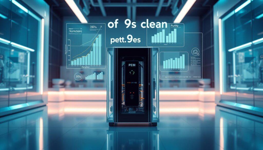A visually striking and professionally designed laboratory setting showcasing a PEM electrolyzer, centered in the foreground. The electrolyzer is sleek and modern, with transparent sections revealing its intricate components, symbolizing purity and advanced technology. Surrounding it in the middle ground, several technical graphs and purity standard charts float in a transparent digital display, emphasizing the "of 9s clean" aspect. The background features a softly lit environment with blue and green hues, creating a clean and futuristic atmosphere. The lighting is crisp and focused, highlighting the electrolyzer's details while creating gentle shadows. An angle from slightly above, looking down at the electrolyzer, adds depth. The mood is innovative and professional, suitable for a high-stakes energy sector discussion.