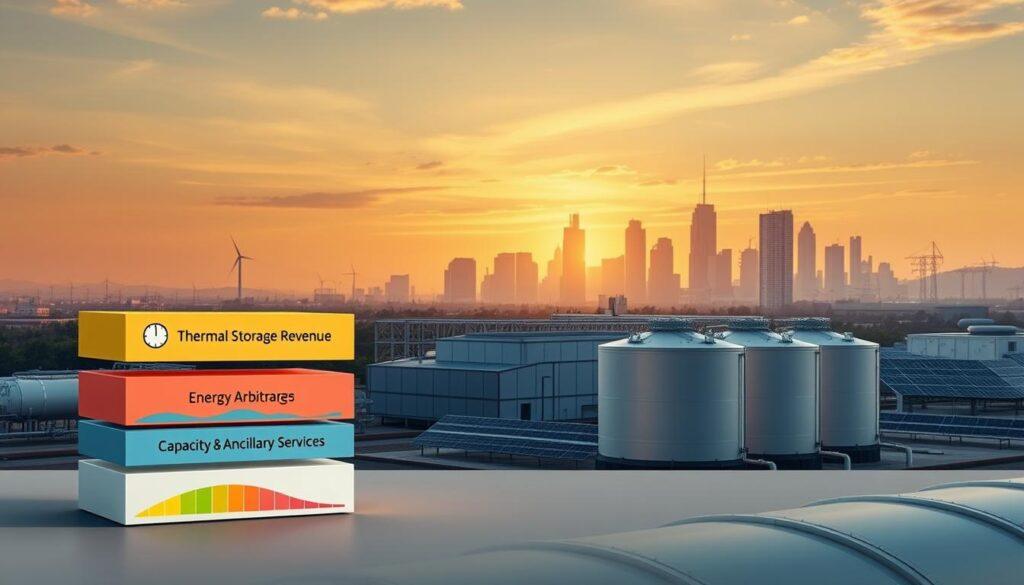 A visually striking representation of a "thermal storage revenue stack," emphasizing components like energy arbitrage, capacity, ancillary services, and IRA tax credits. In the foreground, display stylized, layered blocks symbolizing each revenue source, colored graphically to represent data trends. The middle should feature a sleek, modern thermal storage facility, with large tanks and solar panels, showcasing the integration of renewable energy. In the background, include a city skyline at sunset, with warm golden light casting shadows, illustrating a transition to a renewable-dominant grid. An overall atmosphere of innovation and sustainability, with a focus on clean technology and future energy solutions. Use a wide angle lens to capture depth and enhance the perspective. A visually striking representation of a "thermal storage revenue stack," emphasizing components like energy arbitrage, capacity, ancillary services, and IRA tax credits. In the foreground, display stylized, layered blocks symbolizing each revenue source, colored graphically to represent data trends. The middle should feature a sleek, modern thermal storage facility, with large tanks and solar panels, showcasing the integration of renewable energy. In the background, include a city skyline at sunset, with warm golden light casting shadows, illustrating a transition to a renewable-dominant grid. An overall atmosphere of innovation and sustainability, with a focus on clean technology and future energy solutions. Use a wide angle lens to capture depth and enhance the perspective.