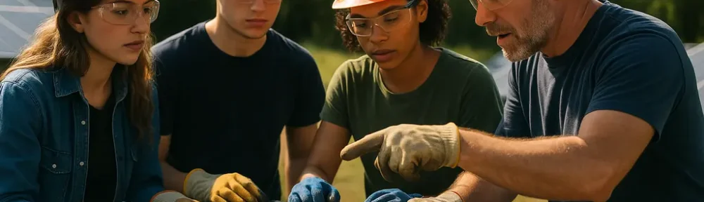 Boulder Green Trades trainees reviewing equipment in an energy efficiency classroom