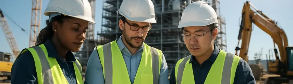 Carbon capture jobs at an industrial site with workers reviewing project plans