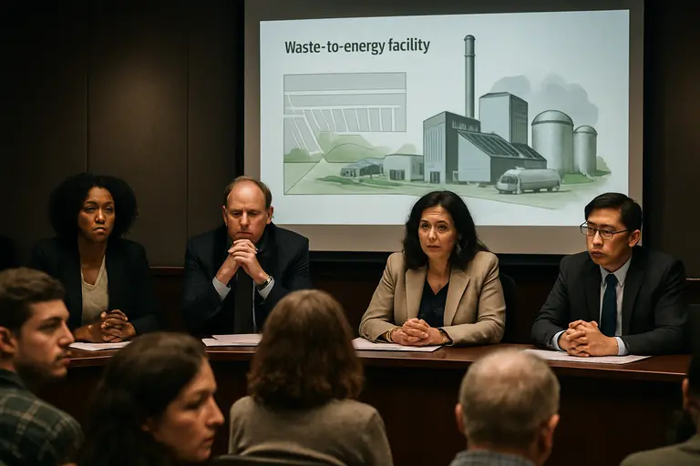 City planners reviewing maps of waste routes, land parcels, and power lines