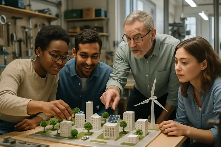 Diverse engineering students working together over infrastructure drawings
