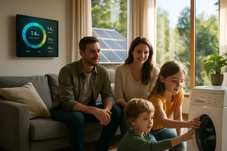 Energy efficient home with solar panels and shaded windows