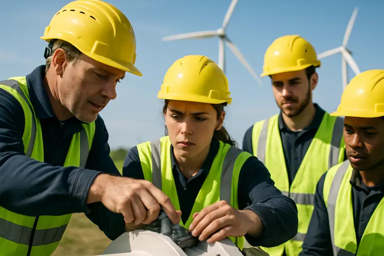 Instructor demonstrating electrical components to trainees in a workshop