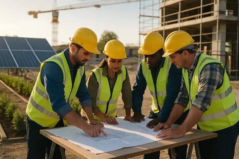 Planning team discussing transit, freight, and building access around a project table