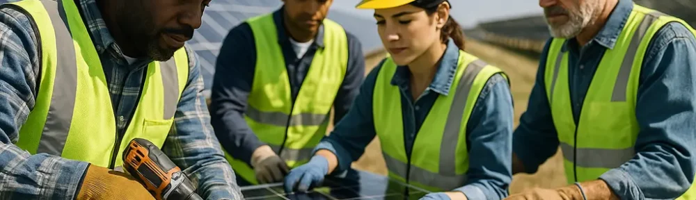 Renewable Energy Jobs in solar and wind fields with technicians checking equipment