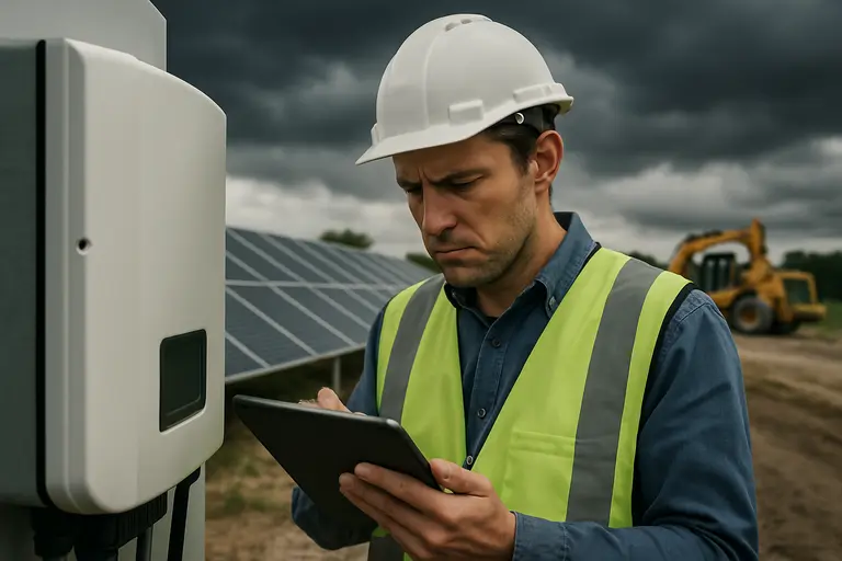 Substation equipment and solar arrays under construction in desert terrain