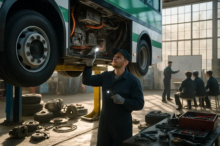 Technician inspecting bus charging equipment inside a depot