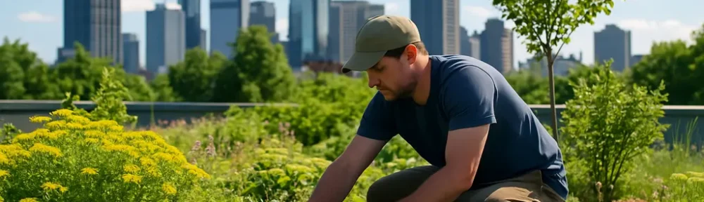 Urban Green Roofs with vegetation and drainage paths on city buildings