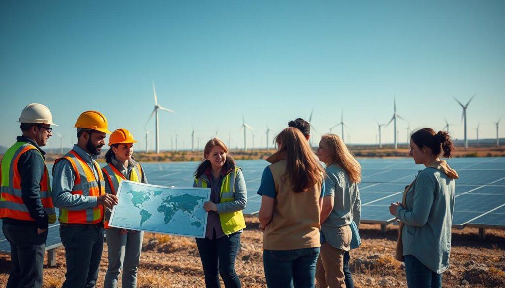 A diverse group of professionals engaged in renewable energy work, representing various workforce skills, stands in the foreground. Include individuals in professional business attire, like safety helmets and vests, discussing plans near solar panels and wind turbines. In the middle ground, show a community meeting in a bright, welcoming environment, with people of different ages and backgrounds collaborating on a digital map of a renewable energy project. In the background, depict a clear blue sky, with solar farms and windmills grazing the horizon, symbolizing sustainable innovation. The lighting is warm and inviting, evoking a sense of hope and teamwork. Capture the scene with a slightly elevated angle to encompass both the participants and the expansive landscape, conveying a mood of unity and progress in the transition to clean energy. A diverse group of professionals engaged in renewable energy work, representing various workforce skills, stands in the foreground. Include individuals in professional business attire, like safety helmets and vests, discussing plans near solar panels and wind turbines. In the middle ground, show a community meeting in a bright, welcoming environment, with people of different ages and backgrounds collaborating on a digital map of a renewable energy project. In the background, depict a clear blue sky, with solar farms and windmills grazing the horizon, symbolizing sustainable innovation. The lighting is warm and inviting, evoking a sense of hope and teamwork. Capture the scene with a slightly elevated angle to encompass both the participants and the expansive landscape, conveying a mood of unity and progress in the transition to clean energy.