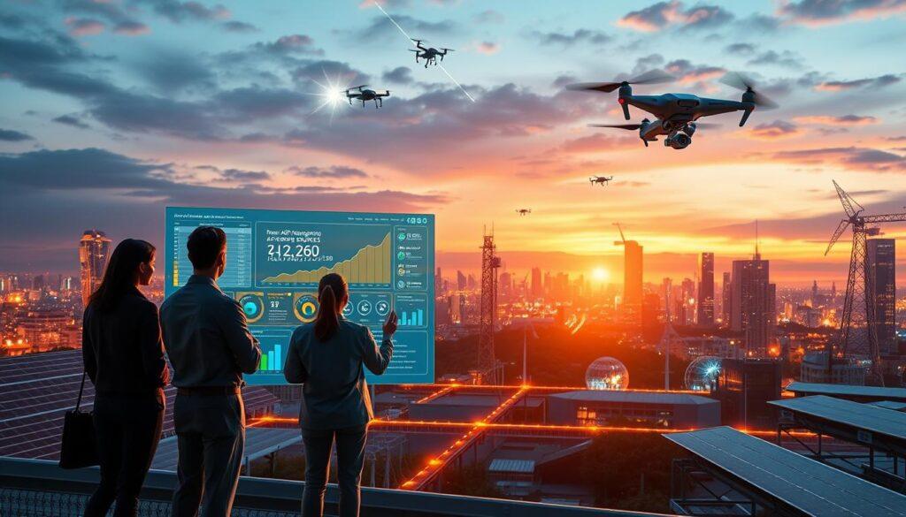 A futuristic cityscape showcasing advanced renewable energy technologies, emphasizing AI in grid management. In the foreground, a diverse team of engineers in professional attire interacts with a large digital touchscreen displaying real-time analytics and predictive data for renewable energy sources. The middle ground features solar panels and wind turbines integrated into smart grids, connected by glowing data streams. In the background, a vibrant skyline glows under a twilight sky, with drones and robots conducting maintenance on energy infrastructures. The lighting is warm and dynamic, reflecting an optimistic future. The atmosphere conveys innovation and collaboration in the transition to sustainable energy solutions, highlighting the harmonized interplay between AI, robotics, and clean energy. A futuristic cityscape showcasing advanced renewable energy technologies, emphasizing AI in grid management. In the foreground, a diverse team of engineers in professional attire interacts with a large digital touchscreen displaying real-time analytics and predictive data for renewable energy sources. The middle ground features solar panels and wind turbines integrated into smart grids, connected by glowing data streams. In the background, a vibrant skyline glows under a twilight sky, with drones and robots conducting maintenance on energy infrastructures. The lighting is warm and dynamic, reflecting an optimistic future. The atmosphere conveys innovation and collaboration in the transition to sustainable energy solutions, highlighting the harmonized interplay between AI, robotics, and clean energy.
