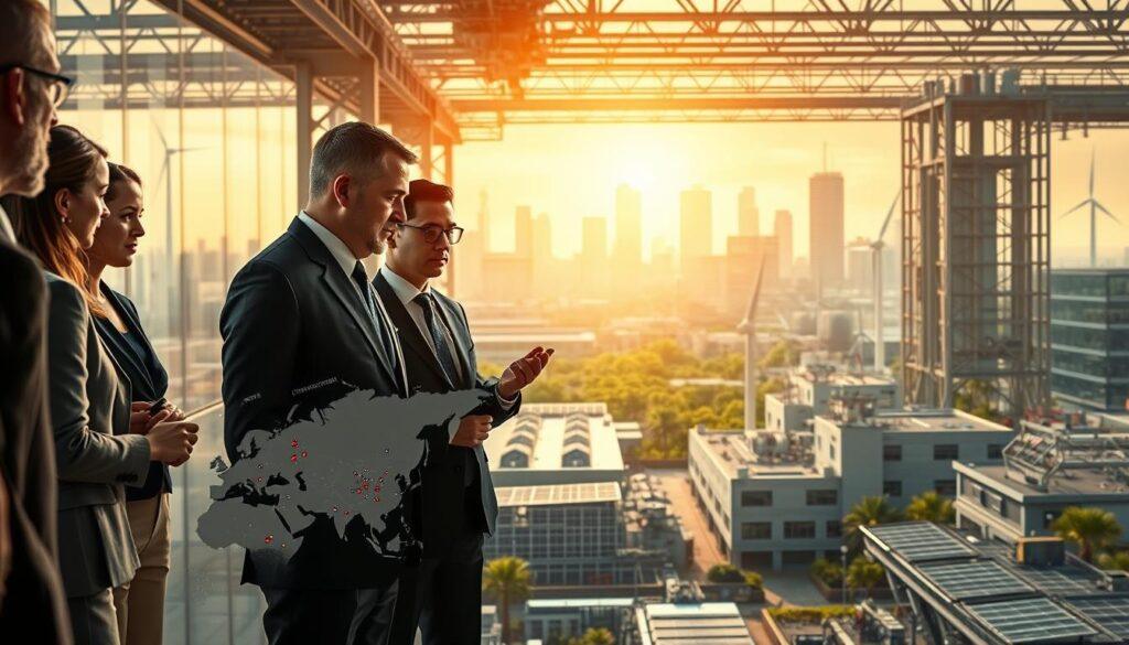 A futuristic supply chain landscape showcasing renewable energy. In the foreground, a diverse group of professionals in business attire examines a digital map filled with data points on critical minerals. In the middle ground, advanced machinery operates in a clean, modern factory, producing solar panels and wind turbine components. In the background, a vibrant, sunlit city skyline with integrated green spaces and solar roofs. Soft, natural lighting casts a warm glow, and the scene is captured from a low angle to emphasize the scale and importance of the technology. The atmosphere is one of collaboration and innovation, underscoring sustainability, recycling, and ESG principles in action. A futuristic supply chain landscape showcasing renewable energy. In the foreground, a diverse group of professionals in business attire examines a digital map filled with data points on critical minerals. In the middle ground, advanced machinery operates in a clean, modern factory, producing solar panels and wind turbine components. In the background, a vibrant, sunlit city skyline with integrated green spaces and solar roofs. Soft, natural lighting casts a warm glow, and the scene is captured from a low angle to emphasize the scale and importance of the technology. The atmosphere is one of collaboration and innovation, underscoring sustainability, recycling, and ESG principles in action.