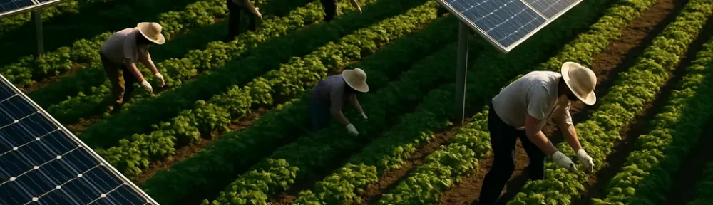 Agrivoltaics On Farmland with crops growing beneath raised solar panels