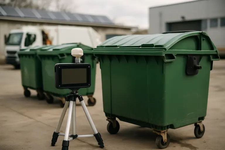 Municipal waste containers and digital monitoring equipment in a service yard