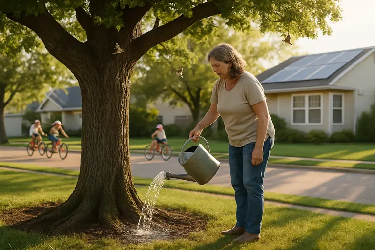 Large mature tree shading a sidewalk, street, and nearby building entrance