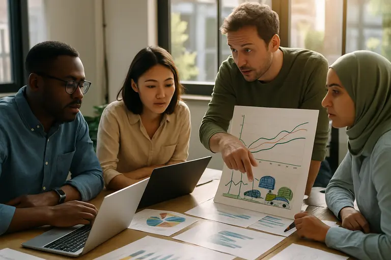Engineers reviewing renewable generation and demand response charts