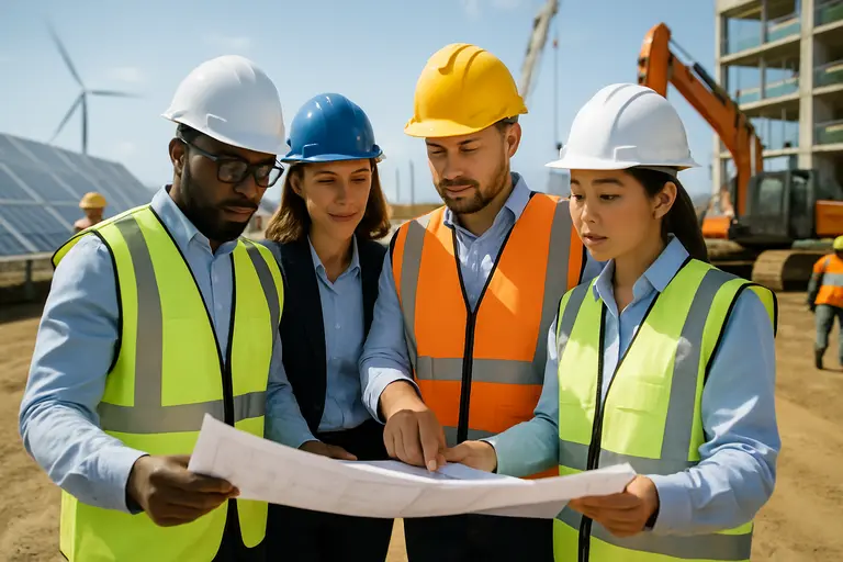 Energy analysts studying grid maps and storage project data in an office