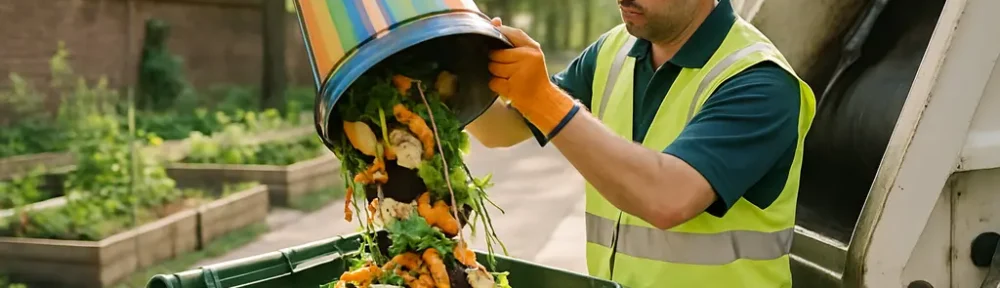 Sorted food scraps and yard waste showing Organics Diversion Barriers at the curb