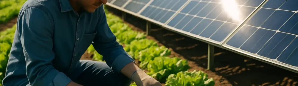 Perovskite Tandem Agrivoltaics panels above leafy crop rows