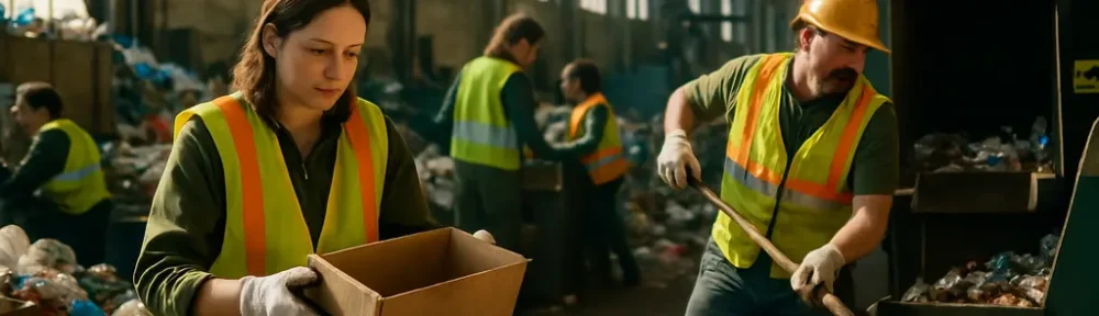 Recycling Infrastructure Investment shown through bins, trucks, and material recovery equipment