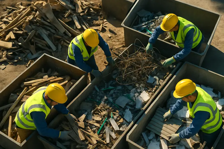Sorted construction materials and reusable containers at a building site