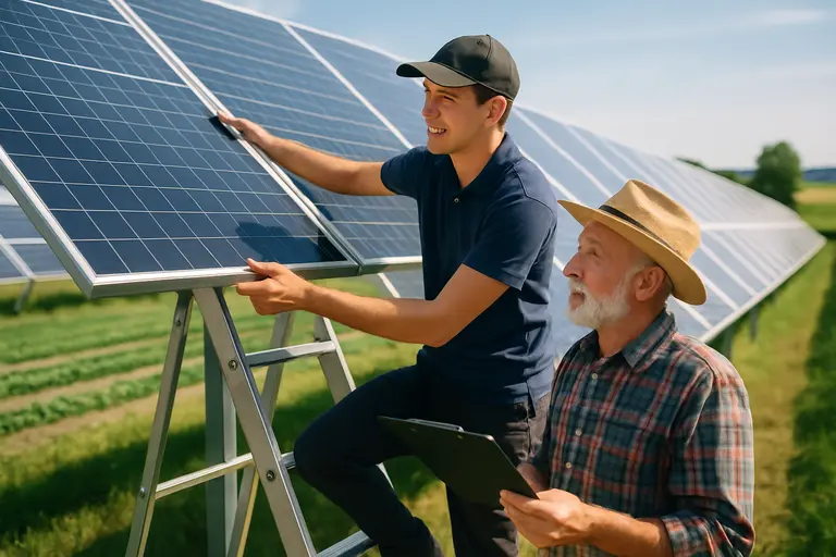 Technician inspecting solar equipment near cultivated farm rows