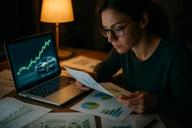 Analyst reviewing electric vehicle fleet data on a workstation