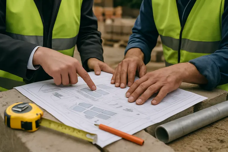 Architects and engineers discussing budget and code documents